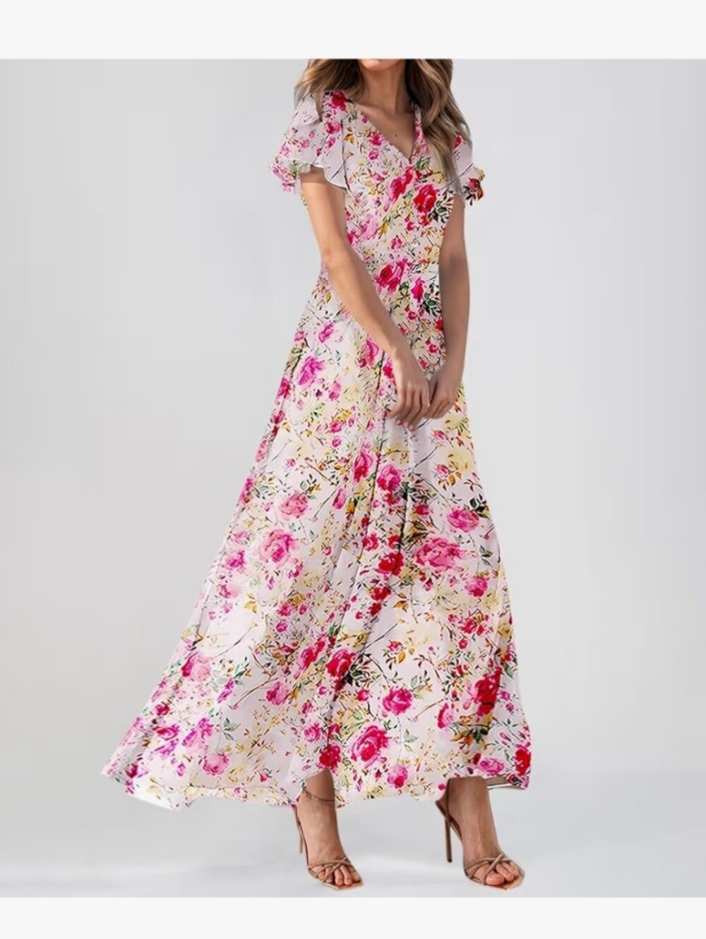 Women's Pink Floral V-Neck Maxi Dress #129